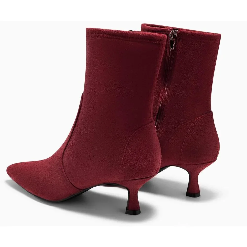 Women's Burgundy Low Kitten Heel Ankle Shoes Pointed Toe Side Zipper Fall Boots
